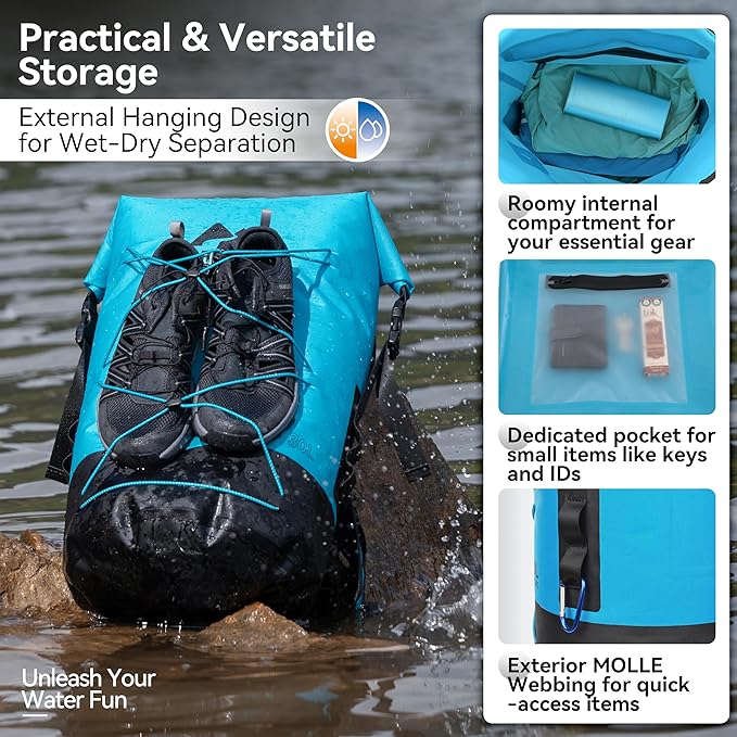 MARCHWAY Floating Roll Top Dry Bag, Flexible Lightweight TPU Waterproof Backpack 20L/30L/40L with Padded Straps for Boating, Kayaking, Swimming, Hiking, Beach (Blue, 40L)