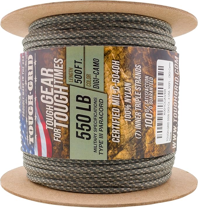 TOUGH-GRID 550 Paracord, Type III Mil-Spec Nylon Rope - 500 Ft Digi-Camo Tactical Survival Cord