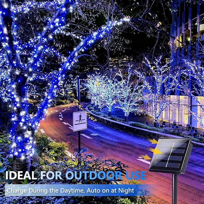 Extra-Long 144FT Solar String Lights for Outside, 2 Pack 400LED Solar Fairy Lights Outdoor Waterproof, Copper Wire with 8 Modes Solar Powered Twinkle Lights for Tree Party Xmas Decor (Blue and White)