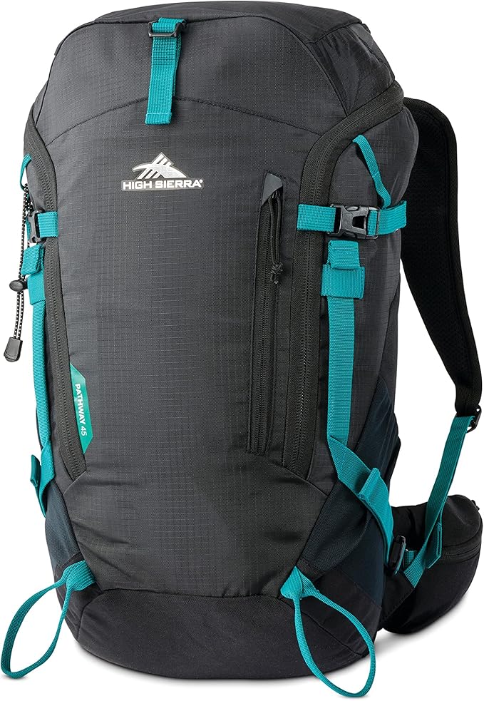 High Sierra Pathway 2.0 Backpack with Hydration Storage Sleeve, for Hiking, Biking, Camping, Traveling, Black, 45L