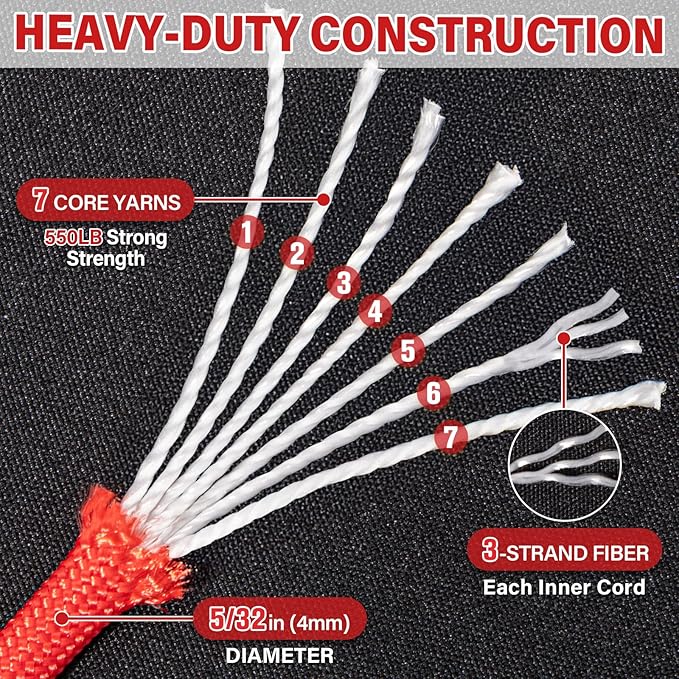 Paracord Rope 550 lb - 100ft 5/32" Parachute Cord 4MM 7-Strand para Cord - Heavy Duty Spool String for Survival,Camping Gear, Survival Bracelet, Clothesline - Red