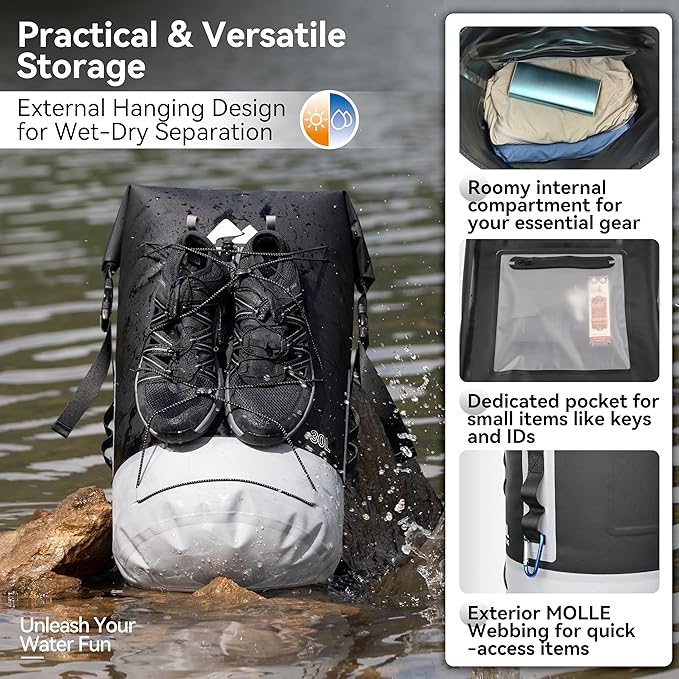 MARCHWAY Floating Roll Top Dry Bag, Flexible Lightweight TPU Waterproof Backpack 20L/30L/40L with Padded Straps for Boating, Kayaking, Swimming, Hiking, Beach (Black, 40L)