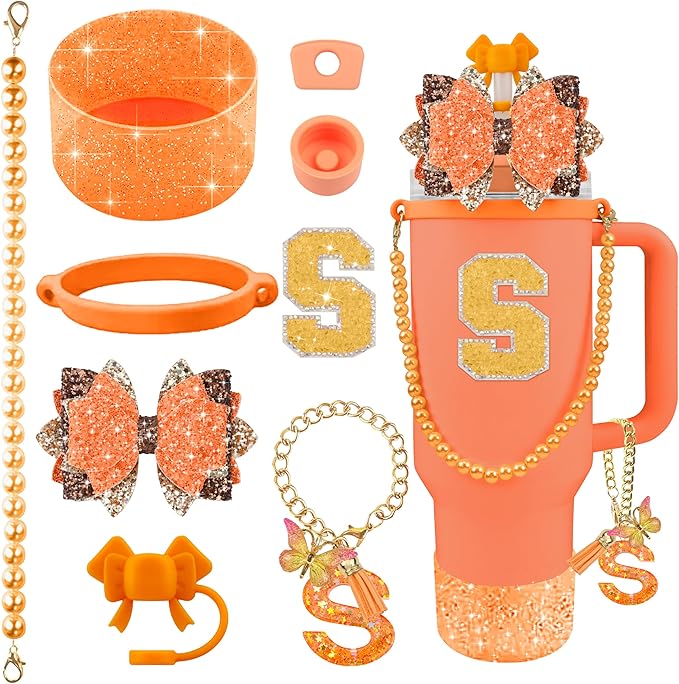 9PCS Orange for Stanley Cup Accessories Set Bling Initials Bow Charms for Stanley Decorations 30/40 Oz Tumbler Accessories Including Bow Straw Topper, Handle Strap, Spill Stopper（Letter S）