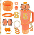 9PCS Orange for Stanley Cup Accessories Set Bling Initials Bow Charms for Stanley Decorations 30/40 Oz Tumbler Accessories Including Bow Straw Topper, Handle Strap, Spill Stopper（Letter S）