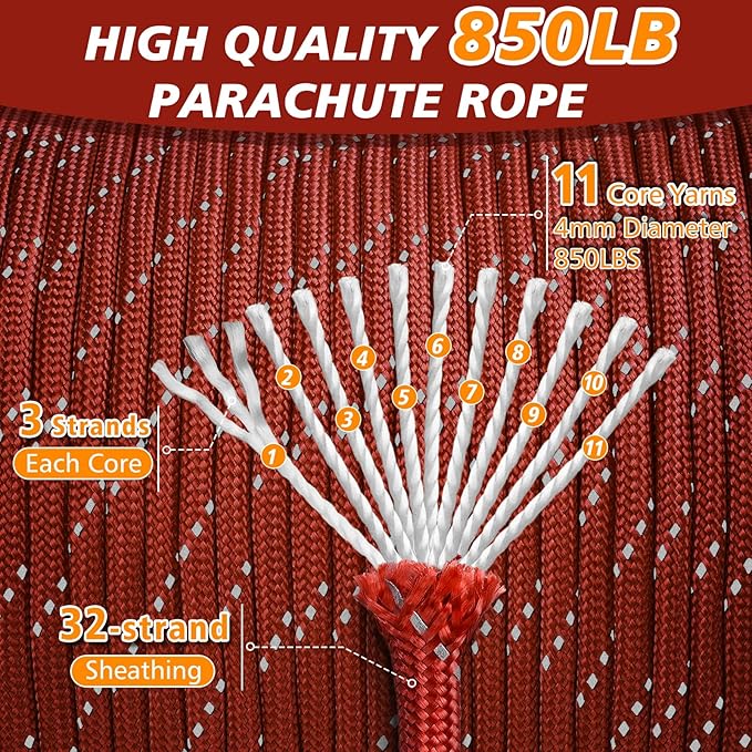 850Ib Reflective Paracord Rope, 50/100/200/500/1000ft 4MM 11 Strand Cords Lanyard Utility Parachute Cord for Survival Tactical Tent Camping Hiking Fishing Clothesline DIY Projects, Red 200FT