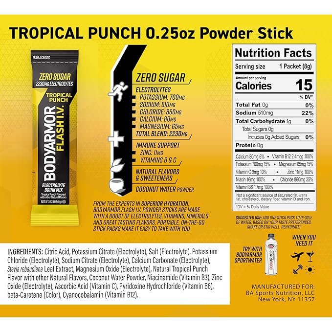 BODYARMOR Flash I.V. Electrolyte Packets, Tropical Punch, Zero Sugar Drink Mix, Single Serve Packs, Coconut Water Powder, Hydration for Workout, Travel Essential, Just Add Sticks to Liquid (15 Count)