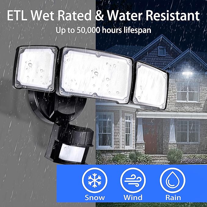 40W LED Security Lights Motion Sensor Light Outdoor, 180 Degree, 4000LM, 5000K, ETL Water Resistant, 3 Head Motion Detected Flood Light for Garage, Yard, Porch