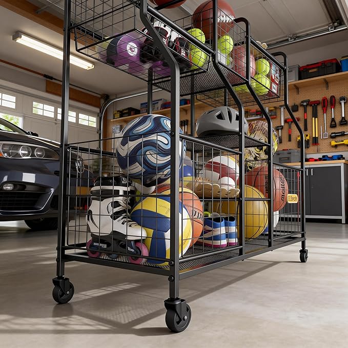 Garage Sports Equipment Organizer with Wheels - Ball Storage Rack with Elastic Rope or Wire Mesh,Garage Organizer System,Indoor/Outdoor Sports Rack for Sports Gear and Toys Storage,Black