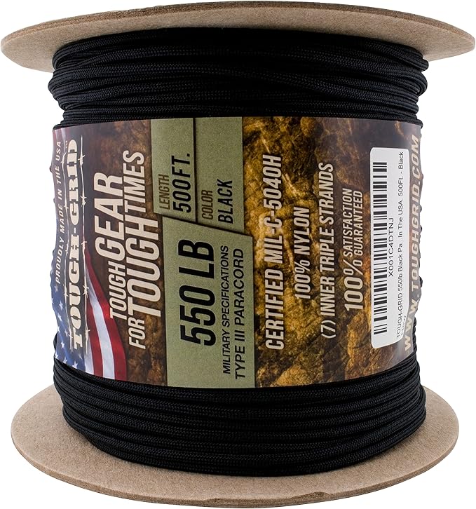 TOUGH-GRID 550 Paracord, Type III Mil-Spec Nylon Rope - 500 Ft Black Tactical Survival Cord