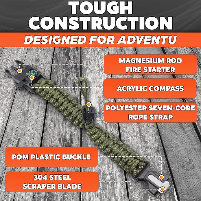 Paracord Bracelets for Men and Women – Adjustable Survival Paracord Bracelet with 10 ft Nylon Survival Cord, Flint Fire Starter, Compass, Whistle & Scraper – Gear for Camping, Hiking, Fishing & Travel