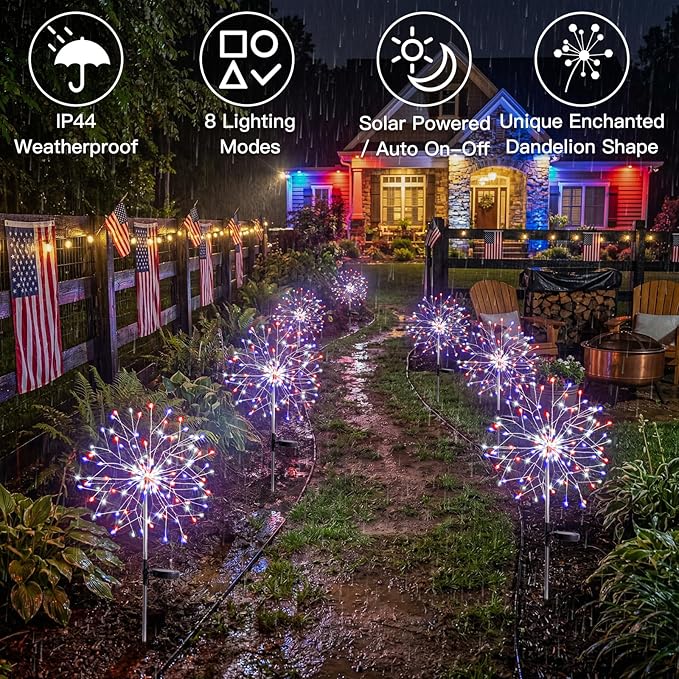 suddus 4th of July Decorations Solar Garden Lights, Upgrade 2Pack 150LED Red White Blue Solar Firework Lights with 8 Modes Outdoor, Starburst Fairy Lights Waterproof Yard for Independence Day Decor