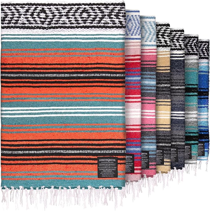 Hydration Nation Authentic Large Handwoven Mexican Blanket - Soft Yoga - Durable Serape - Lightweight Falsa, Beach, Camping, Picnic, Outdoor 70"x50" - Mandarin