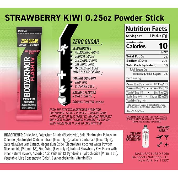 BODYARMOR Flash IV Electrolyte Packets, Strawberry Kiwi - Zero Sugar Drink Mix, Single Serve Packs, Coconut Water Powder (15 Count)