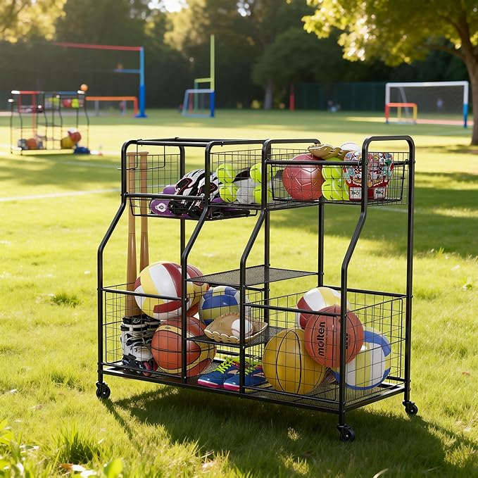 Garage Sports Equipment Organizer with Wheels - Ball Storage Rack with Elastic Rope or Wire Mesh,Garage Organizer System,Indoor/Outdoor Sports Rack for Sports Gear and Toys Storage,Black