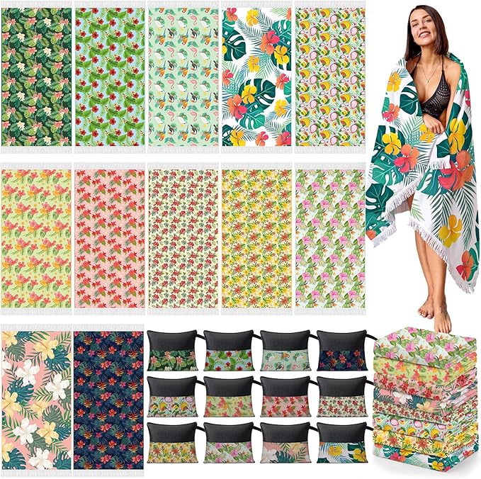 Peryiter 24 Pack Microfiber Oversize Turkish Beach Towel Set 12 Large Absorbent Beach Towels with 12 Storage Bag 28 x 55 Quick Dry Lightweight Bath Towel Blanket for Hawaii Camp Swim Pool(Hibiscus)