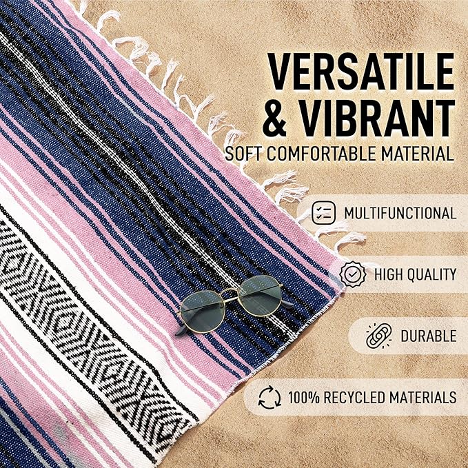 Hydration Nation Authentic Large Handwoven Mexican Blanket - Soft Yoga- Durable Serape- Lightweight Falsa, Beach, Camping, Picnic, Outdoor Blanket 70"x50" - Rose Pastel