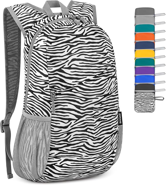 ZOMAKE Lightweight Packable Backpack,Foldable Backpacks Small Daypack for Hiking Water Resistant Day Bag for Travel(Zebra print)