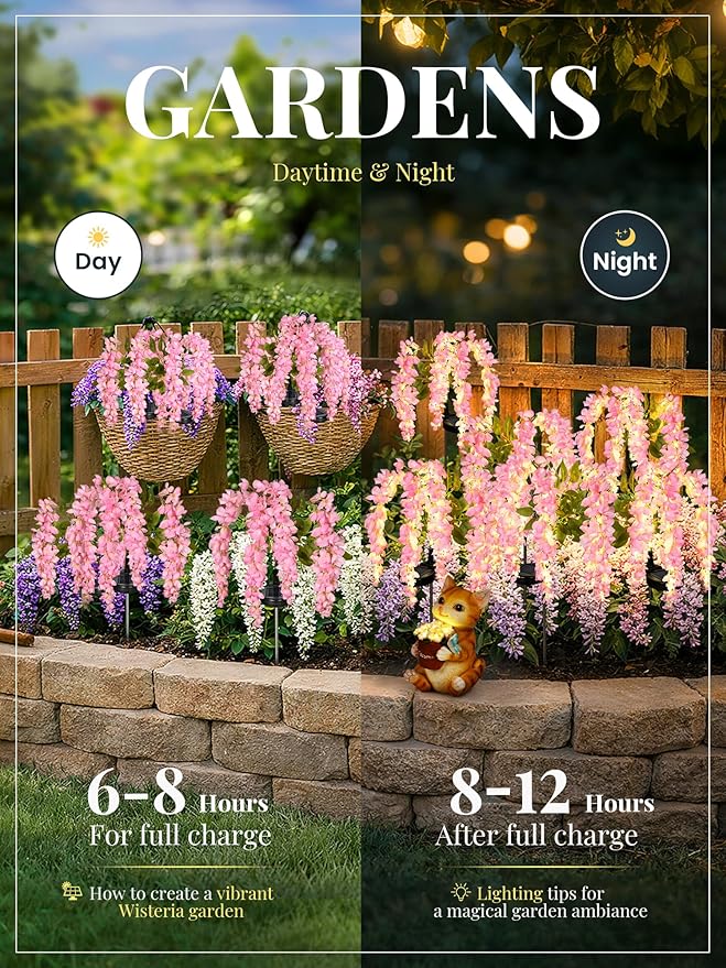GIGALUMI Solar Lights Outdoor for Garden Decor, 2 Pack Solar Flower Lights Waterproof, 2 Lighting Modes Wisteria for Pathway,Yard, Patio Decoration, Gardening Gifts for Women (Pink)