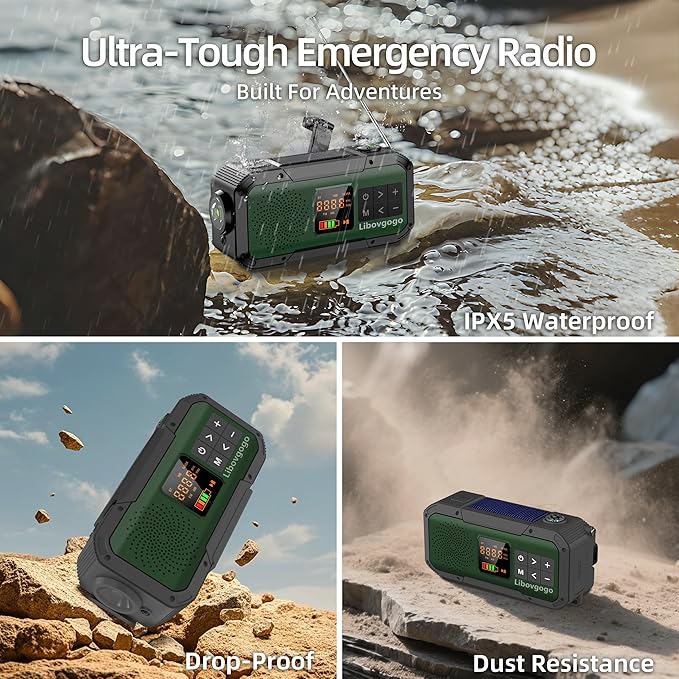 Emergency Radio Waterproof Bluetooth Speaker,Portable Digital AM FM Radio with 2000mAH Cell Phone Charger,Flashlight,Hand Crank NOAA Weather Radio with Solar Panel,Emergency Survival Kit (Green)