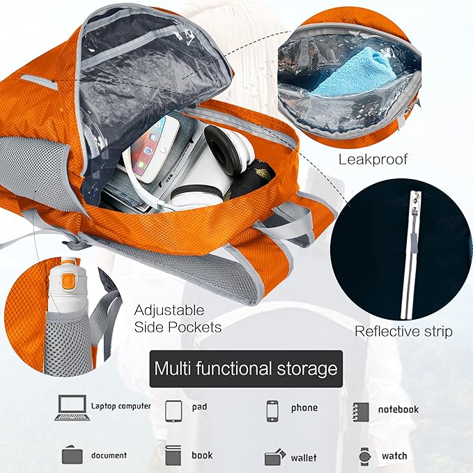 Waterproof Foldable Backpack Dry Storage Lightweight Daypack 35L Outdoor Backpack for Beach Men Women Orange