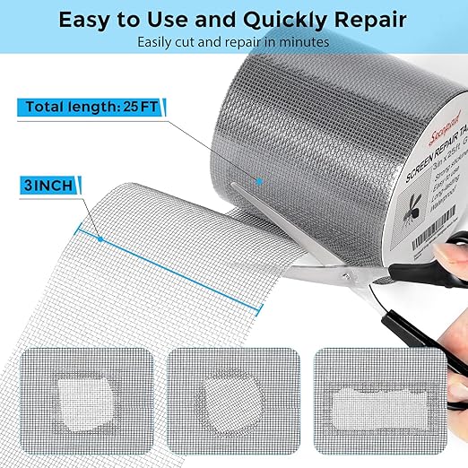 Secopad Grey Window Screen Repair Tape, 3IN X 25FT (300IN) Screen Repair Kit for Windows or Doors, Strong Adhesive Patch Kit Fiberglass Mesh Tape