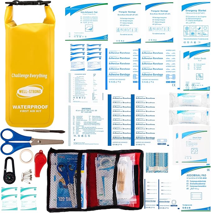 Boat First Aid Kit Waterproof, WELL-STRONG Marine Emergency Kit with Roll Top Dry Bag for Boating Fishing Kayaking – Water-Resistant Contents for Camping & Beach（Yellow）