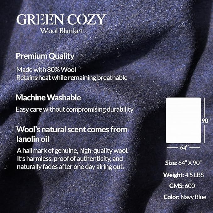 Military Style Wool Blanket – Cushioned, Breathable, Durable, Warm & Washable – Double-Stitched Border–Great for Camping, Outdoor, First Aid, Travel, Car–Fire Retardant – 64"x90" 4.7 lb (Navy Blue)