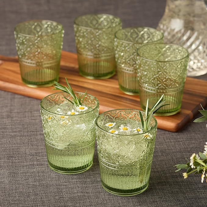 Certified International Victoria Green Set of 6 Premium Acrylic DOF Glass 16 oz – Unbreakable Drinkware with Elegant Embossed Design, Perfect for Indoor & Outdoor Use