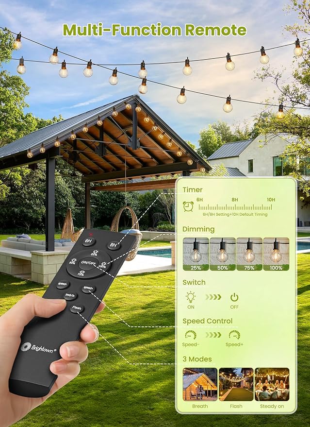 Brightown 58FT Solar String Lights Outdoor with Remote Cable Ties Hooks, 26 LED Shatterproof Bulbs, 3 Light Modes, Dimmer & Timer, Commercial Grade Patio Lights for Yard Balcony Pergola Party Decor