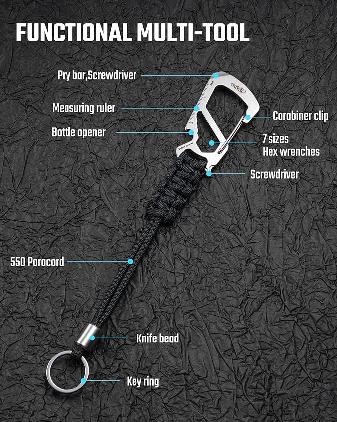 KeyUnity KC04 Paracord Keychain Carabiner Clip, Braided Lanyard with Stainless Steel Key Ring and Bead for Hanging Bottles