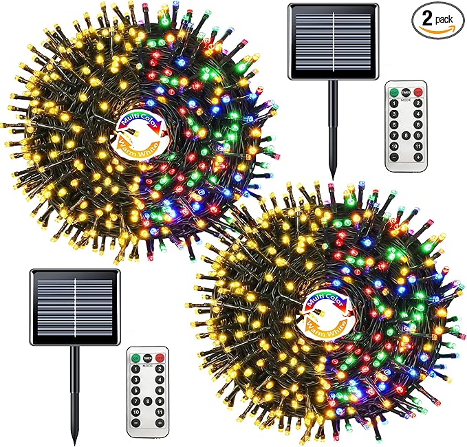 JMEXSUSS 2 Pack Solar String Lights Outdoor Waterproof, Total 400 LED 151FT Solar Christmas Lights Outdoor, 8 Modes Christmas Light for Outside Patio Yard Tree Decorations, Warm White to Multicolor