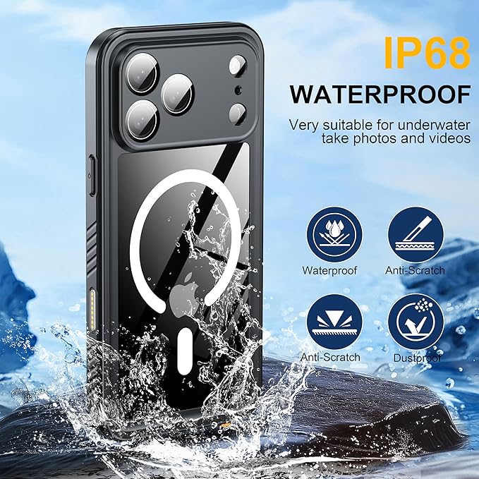 ANTSHARE for iPhone 17 Pro Max Case, Compatible with Magsafe, IP68 Waterproof Case, [Built-in Screen Protector] - 12 FT Military Dropproof - Full Body Heavy Duty Rugged Phone Cover - Black/Clear