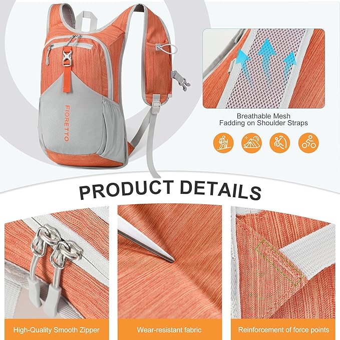 FIORETTO 15L Hiking Backpack for Women Men Mini Packable Backpack Lightweight Small Daypack for Camping Travel Outdoor, Orange