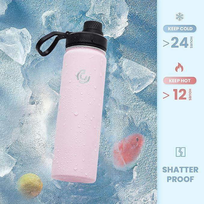 Sports Water Bottle 22oz, Insulated Water Bottle with Handle,Stainless Steel,Simple Modern,Suitable for Travel, School, Boy, Girl(Blush)