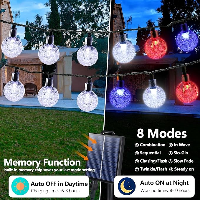 Joomer 4th of July Red White Blue Solar String Lights,39FT 60LED Waterproof with 8 Lighting Modes Patio Lights for Independence Day Garden Yard Gazebo Party