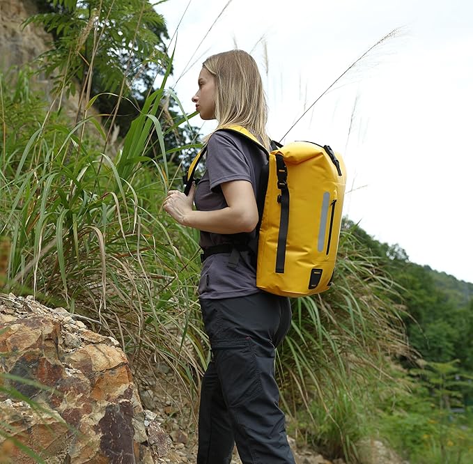 MARCHWAY Roll Top Waterproof Backpack, Floating Dry Bag 20L/30L/45L with Ergonomic Rectangular Base, Cushioned Back, Hip Strap for Hiking Camping Kayaking Travel (Yellow, 20L)