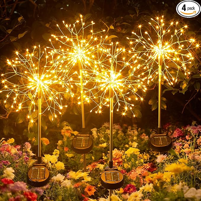 Solar Garden Lights Outdoor Yard Decorations, 4 Pack 150Leds Pathway Light, Fairy Firework Stake Lights for Garden, Patio, Pathway, Flowerbed Gold Color