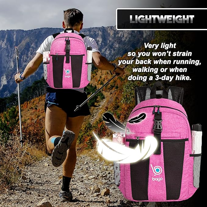 Bago Lightweight Backpack for Hiking for Women and Men - 25L Travel Day Pack - Foldable Hiking Daypack Ultralight for Camping Outdoor Sports - Packable Backpack for Travel (SnowPink)