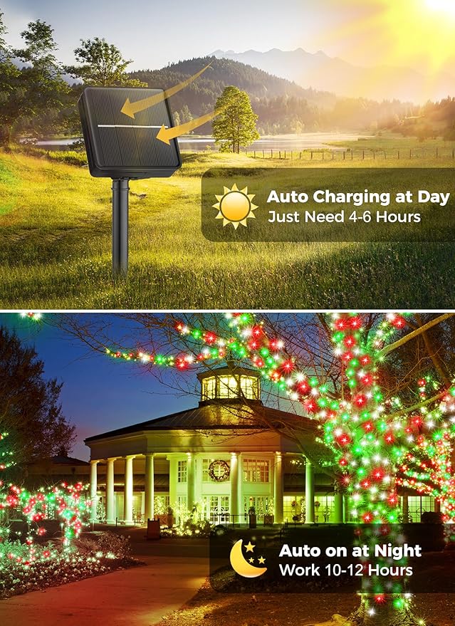 Minetom Solar Christmas Lights Outdoor Waterproof, 2 Pack Total 80FT 200 LED Solar Lights with 8 Modes, Solar Christmas Light Outdoor Decoration, Solar String Light for Outside Tree,Red Green & White