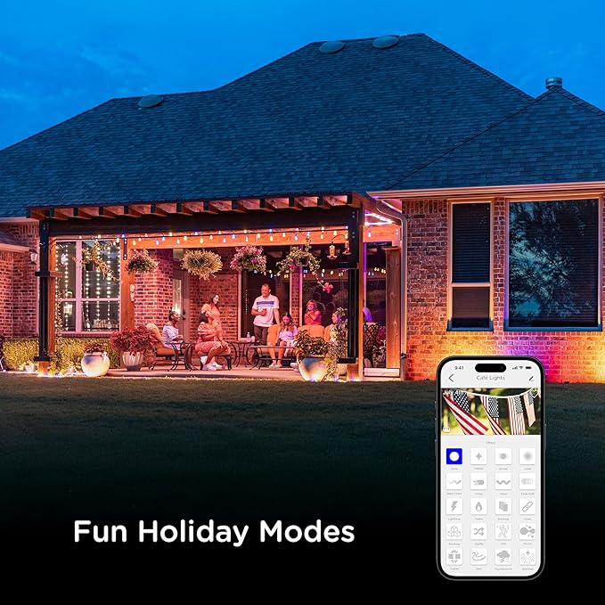 Enbrighten Vibe Vintage Outdoor String Lights Gen 2, 48ft, 24 RGBWIC Acrylic Bulbs, Weatherproof, Perfect for Gameday, Holidays, and More, Smart App Control, Compatible with Alexa, Google Home, 86128