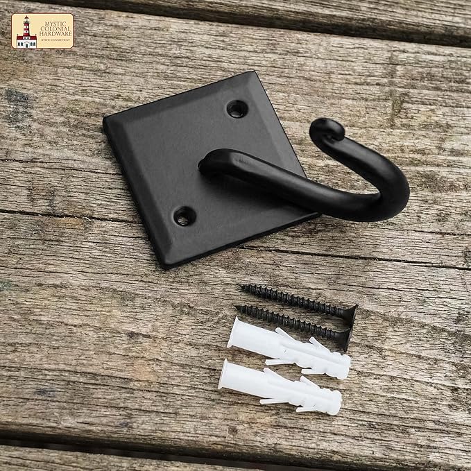 Mystic Colonial Rustic Cast Iron Wall Hooks, 3.6" Heavy Duty Coat Hooks for Coat, Bag, Towel, Hat & Robe, Mounting Hardware Included, Black, Pack of 10