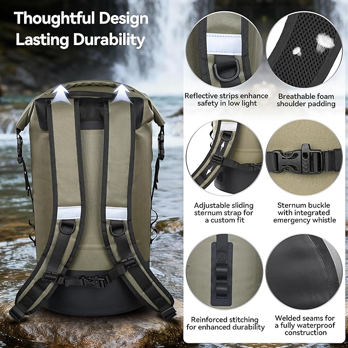 MARCHWAY Floating Roll Top Dry Bag, Flexible Lightweight TPU Waterproof Backpack 20L/30L/40L with Padded Straps for Boating, Kayaking, Swimming, Hiking, Beach (Green, 40L)