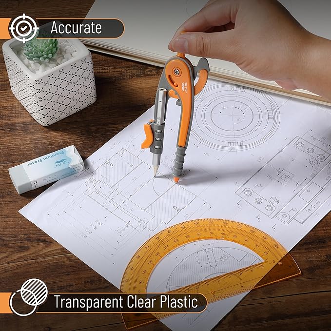 Mr. Pen- Geometry Compass and Protractor Set, 6 Inch Compass, 6 Inch Protractor, Drawing Tool for School, Clear Plastic, Easy Grip, Precision Design for Math, Art, Drafting, Architecture