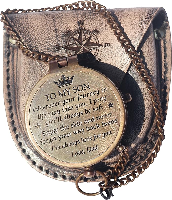 Brass Engrved Compass for Men, Pocket Compass with Leather Case, Antique Handmade Religious Gift Idea for Graduation, Communion, Baptism (to My Son, Love Dad)