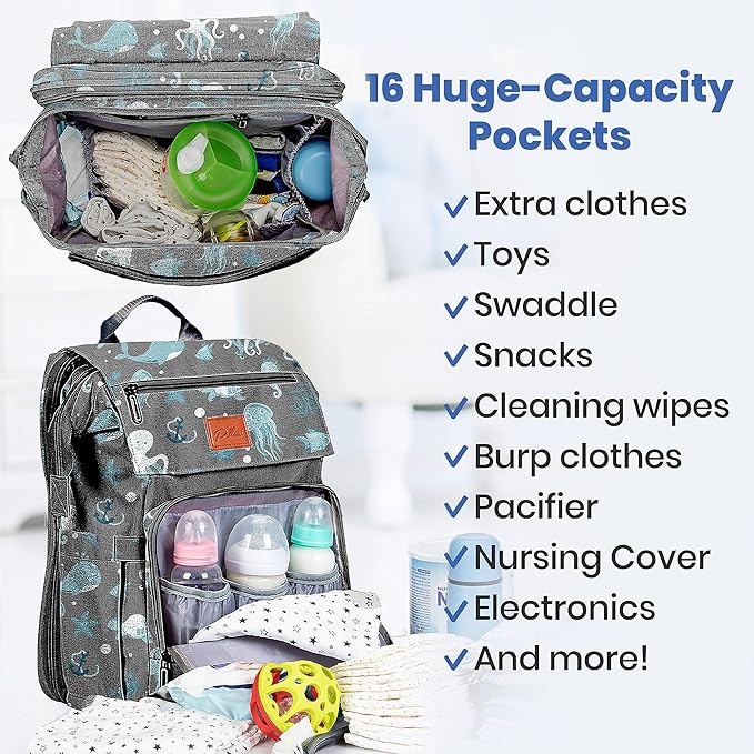 PILLANI Baby Diaper Bag Backpack - Backpack Diaper Bag w/Large Capacity - Baby Shower Gifts - Waterproof Travel Diaper Bags w/Changing Pad, Insulated Bottle Holders, Padded Straps - Baby Boy Stuff