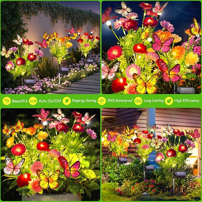 GARPAR Solar Garden Decor, 3 Pack Solar Lights with 9 Butterflies & 21 Blooming Flowers, Solar Flowers Outdoor Waterproof, Garden Lights for Outdoor Decorations