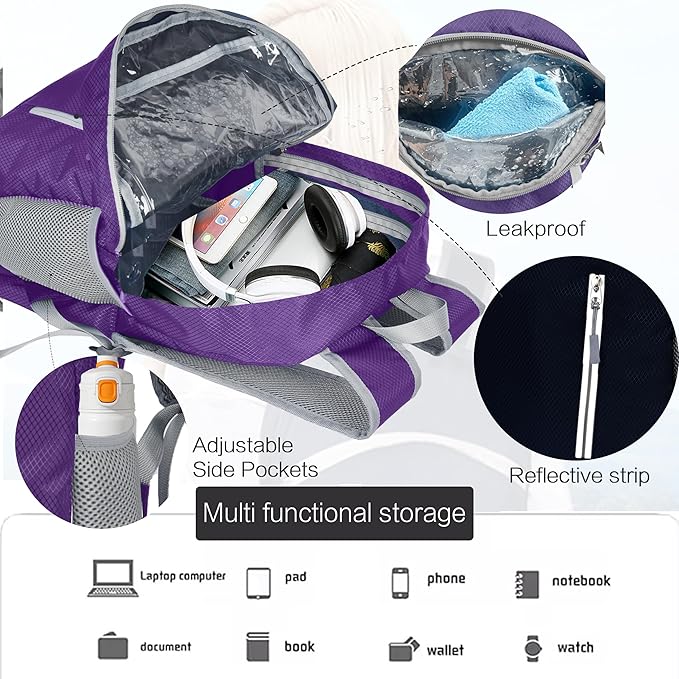 Waterproof Foldable Backpack Dry Storage Lightweight Daypack 35L Outdoor Backpack for Beach Men Women Purple