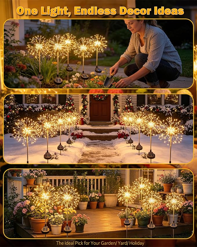 Solar Garden Lights Outdoor Yard Decorations, 4 Pack 150Leds Pathway Light, Fairy Firework Stake Lights for Garden, Patio, Pathway, Flowerbed Gold Color