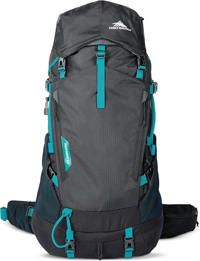High Sierra Pathway 2.0 Backpack with Hydration Storage Sleeve, for Hiking, Biking, Camping, Traveling, Black, 60L