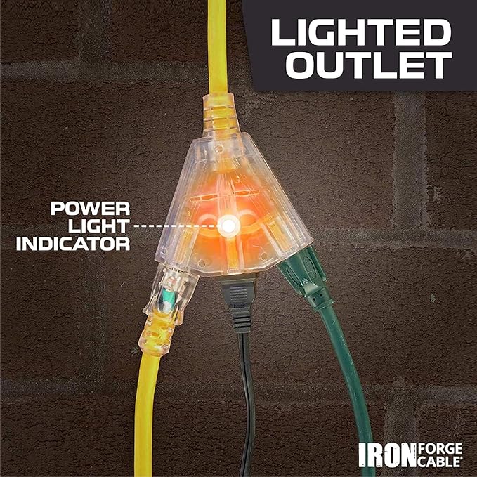Iron Forge Cable 50ft Yellow Outdoor Extension Cord with 3 Outlets - 14/3 SJTW 15 Amp 50ft Extension Cord 3 Prong - Multiple Outlets with Lighted End